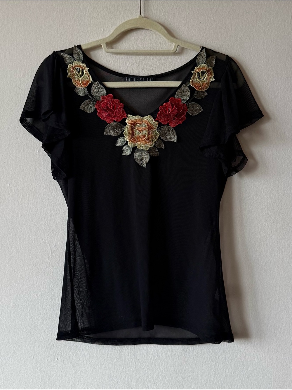 Sheet Mesh Black Blouse with Rose Embroidery